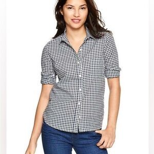 Talbots Black White Check Plaid Gingham Cotton Cuffed Sleeves Shirt Size 12WP